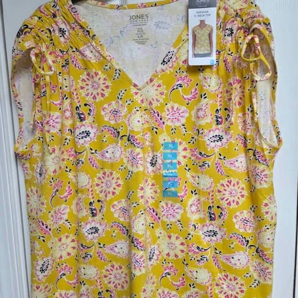Jones New York womens XL yellow print with ties at shoulder vneck shirt new